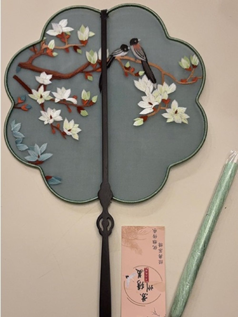Chinese Silk Hand Embroidered Decorative Fan Jade color with 2 birds